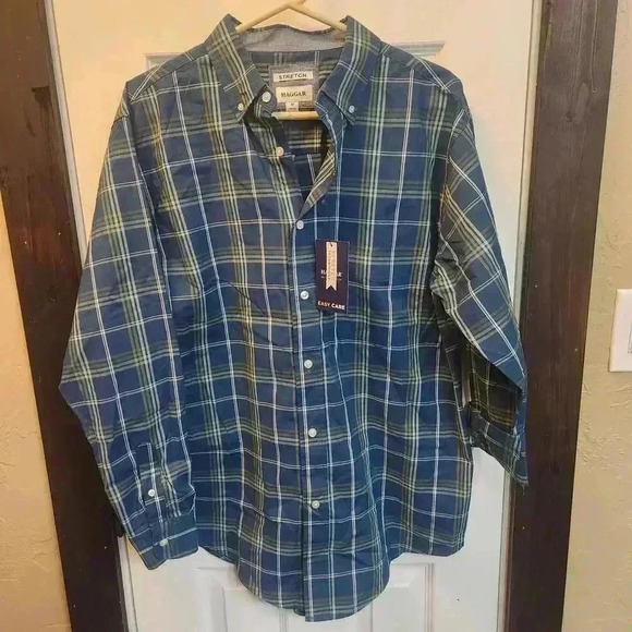 Haggar Men's Stretch Blue Plaid Shirt -Easy Care Size Medium NWT Business Casual - Picture 1 of 8